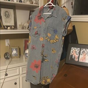 She and Sky Floral Denim Midi Dress - Blue and Red